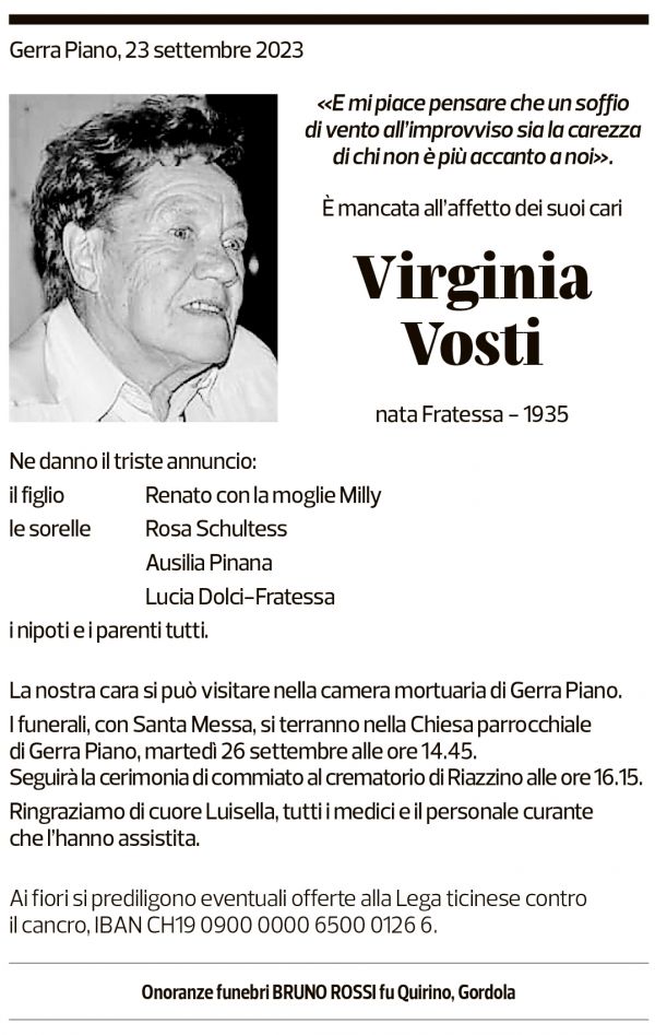 Annuncio funebre Virginia Vosti