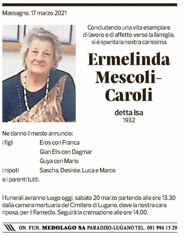 Annuncio funebre Ermelinda Mescoli-caroli