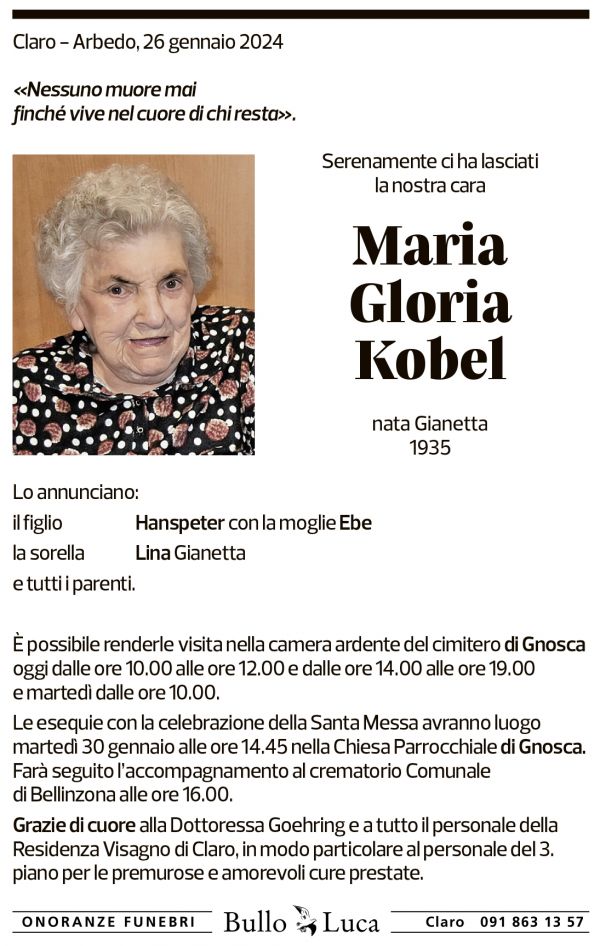 Annuncio funebre Maria Gloria Kobel