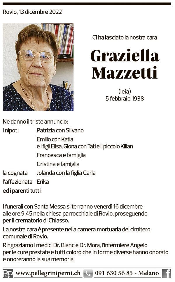 Annuncio funebre Graziella Mazzetti