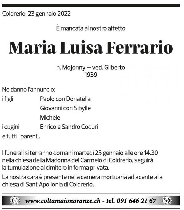 Annuncio funebre Maria Luisa Ferrario