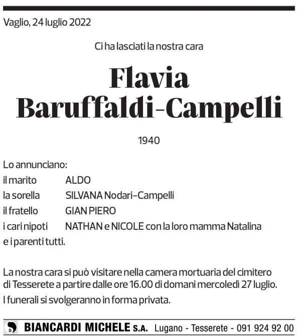 Annuncio funebre Flavia Baruffaldi-campelli