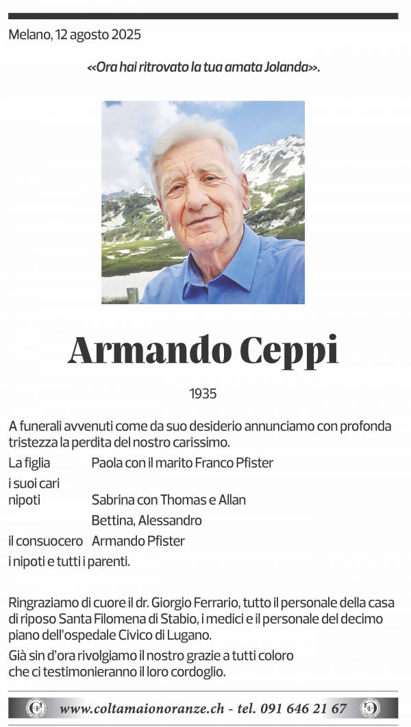 Annuncio funebre Armando Ceppi