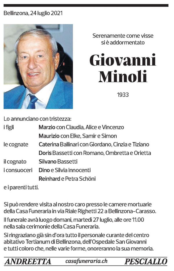 Annuncio funebre Giovanni Minoli