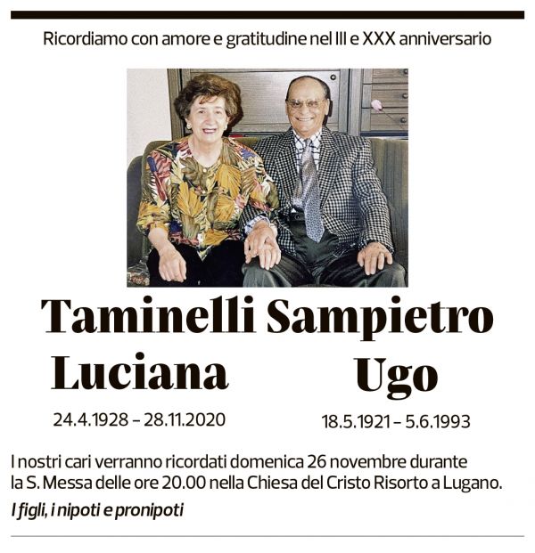 Annuncio funebre Luciana E Ugo Taminelli Sampietro