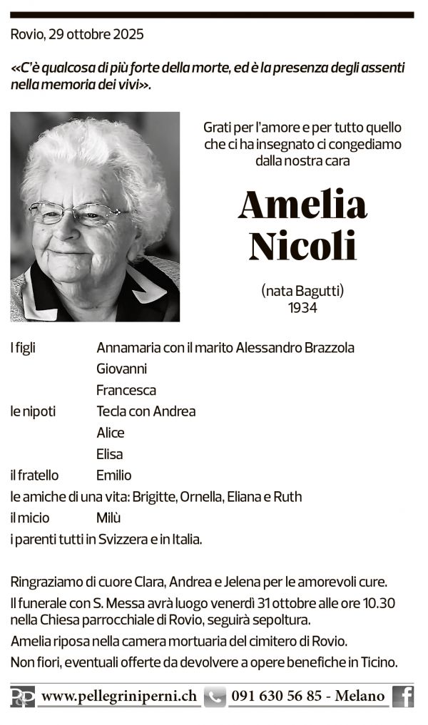 Annuncio funebre Amelia Nicoli