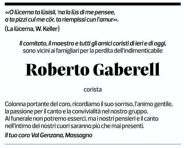 Annuncio funebre Roberto Gaberell