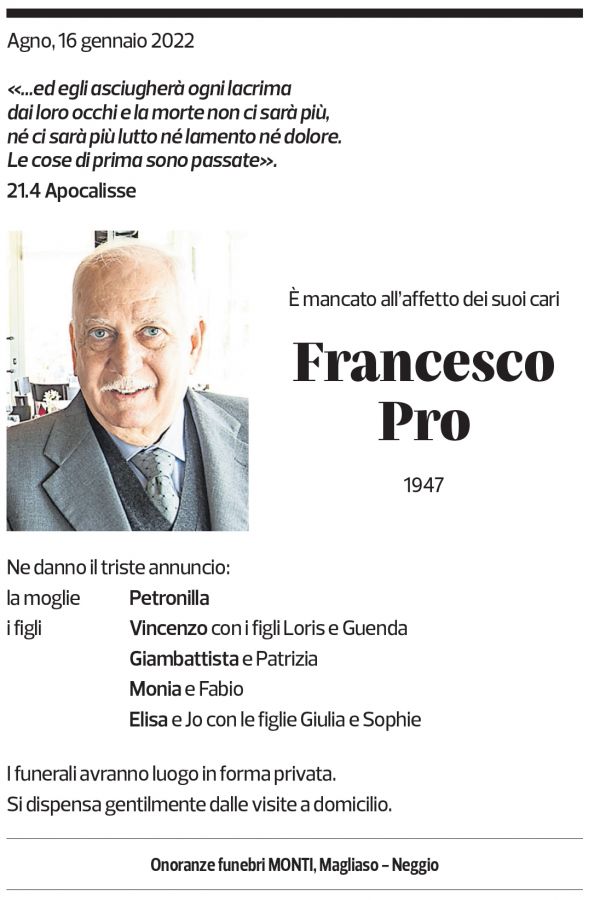 Annuncio funebre Francesco Pro