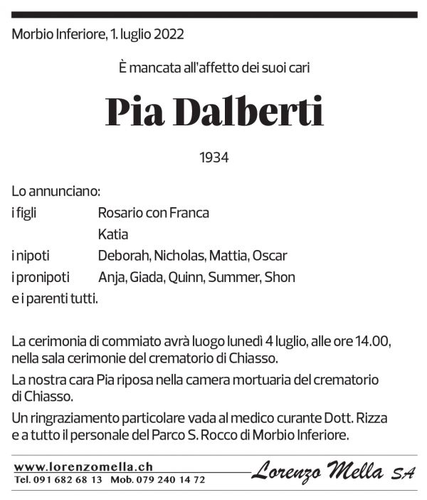 Annuncio funebre Pia Dalberti