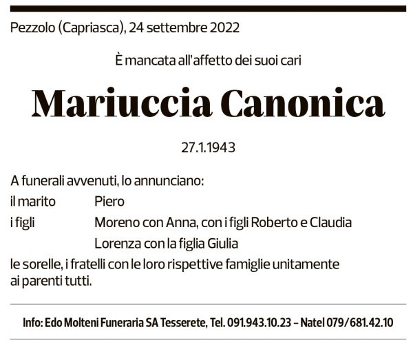 Annuncio funebre Mariuccia Canonica