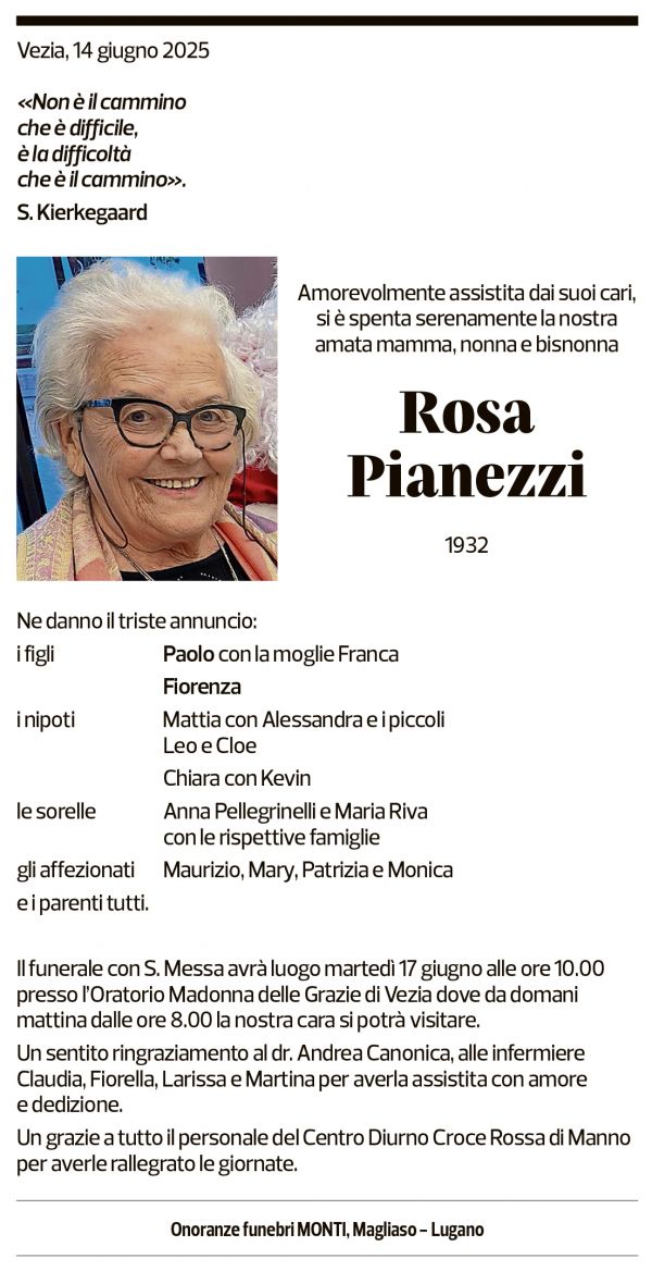 Annuncio funebre Rosa Pianezzi