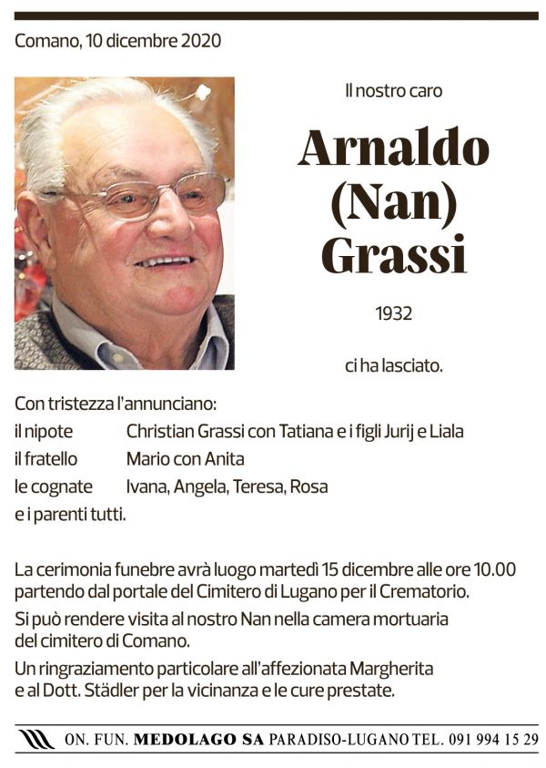 Annuncio funebre Arnaldo Grassi