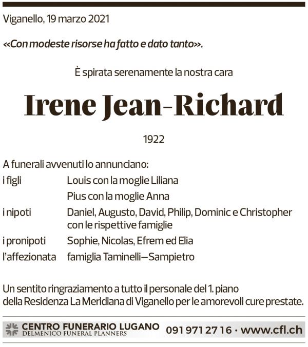 Annuncio funebre Irene Jean-richard