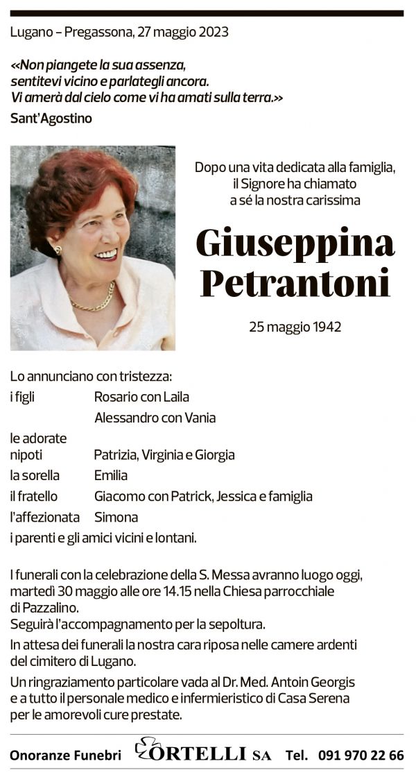 Annuncio funebre Giuseppina Petrantoni