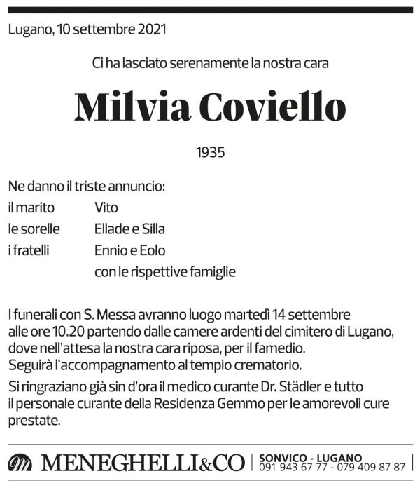 Annuncio funebre Milvia Coviello