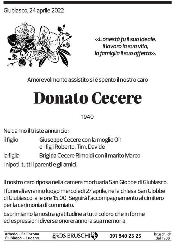 Annuncio funebre Donato Cecere