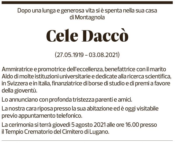 Annuncio funebre Cele Daccò