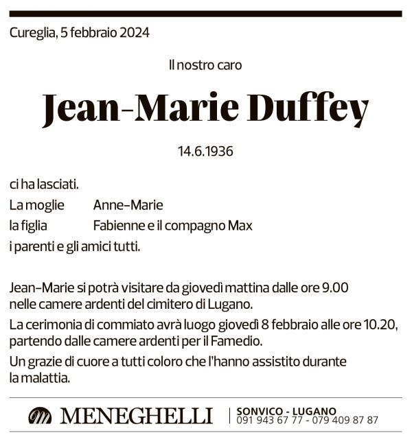 Annuncio funebre Jean-marie Duffey