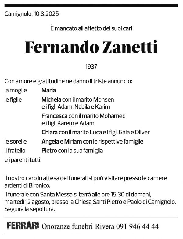 Annuncio funebre Fernando Zanetti