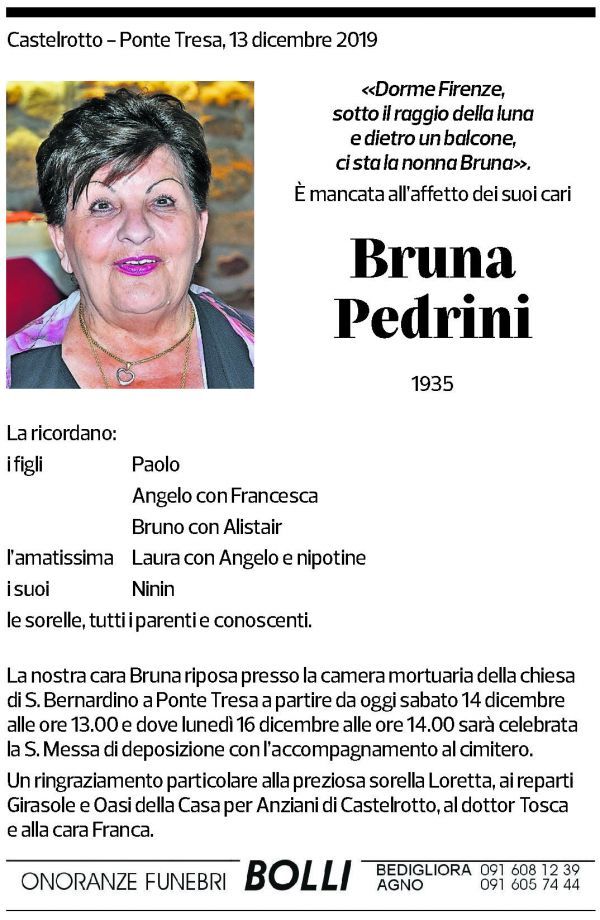 Annuncio funebre Bruna Pedrini