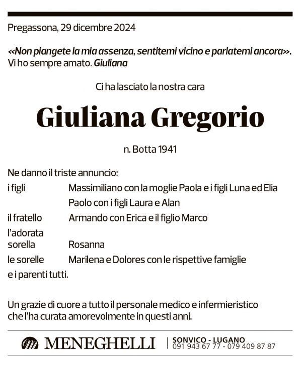 Annuncio funebre Giuliana Gregorio