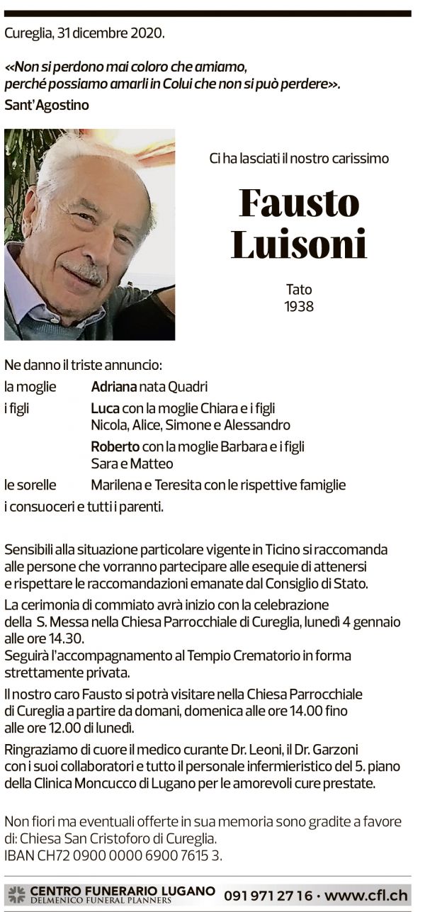 Annuncio funebre Fausto Luisoni