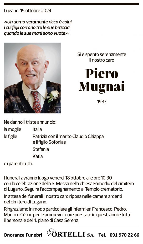 Annuncio funebre Piero Mugnai