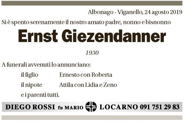 Annuncio funebre Ernst Giezendanner