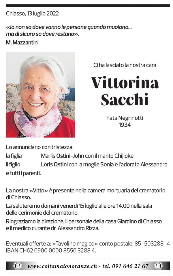 Annuncio funebre Vittorina Sacchi