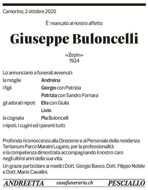 Annuncio funebre Giuseppe Buloncelli