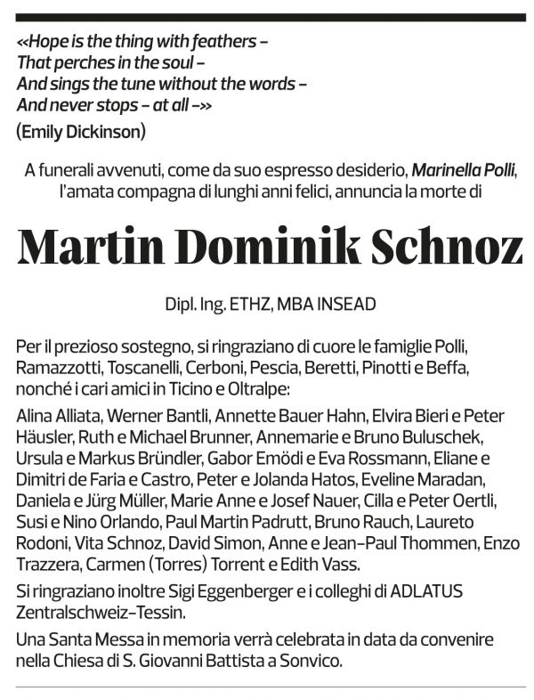 Annuncio funebre Martin Dominik Schnoz