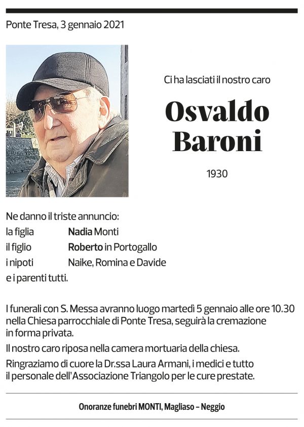 Annuncio funebre Osvaldo Baroni