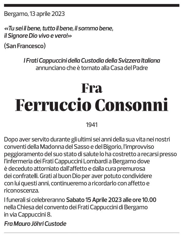 Annuncio funebre Fra Ferruccio Consonni