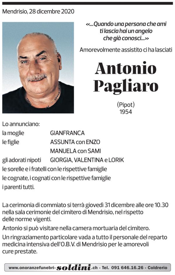 Annuncio funebre Antonio Pagliaro