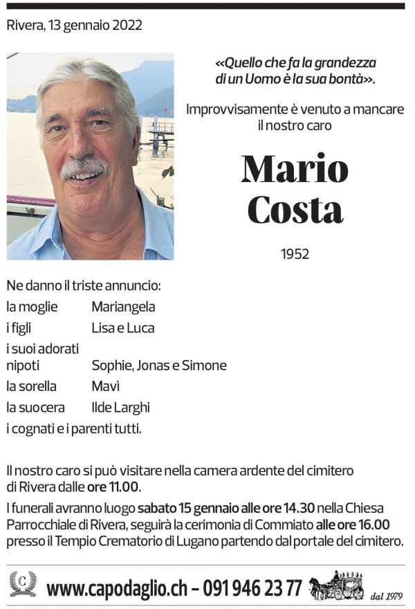 Annuncio funebre Mario Costa