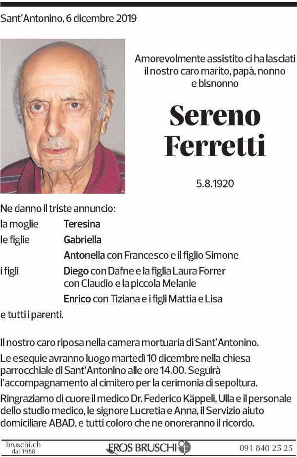 Annuncio funebre Sereno Ferretti
