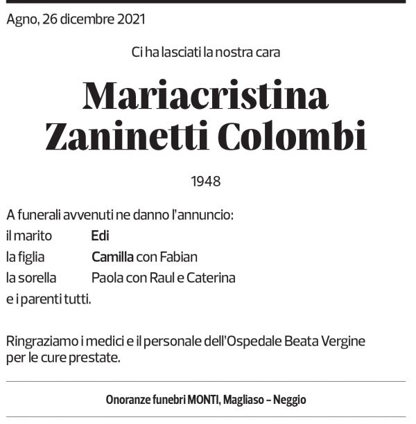 Annuncio funebre Mariacristina Zaninetti Colombi