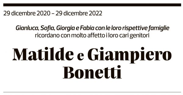 Annuncio funebre Matilde Bonetti Giampiero Bonetti