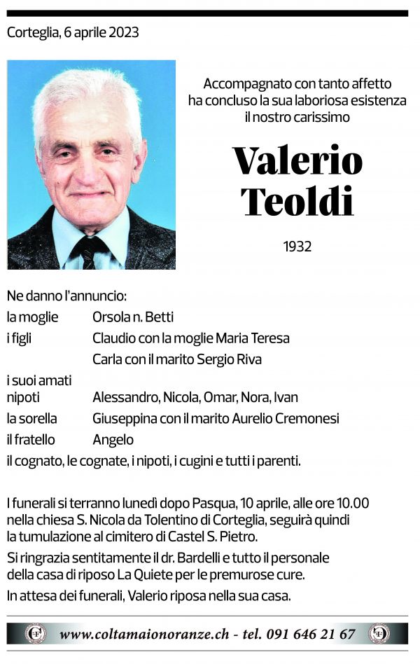 Annuncio funebre Valerio Teoldi