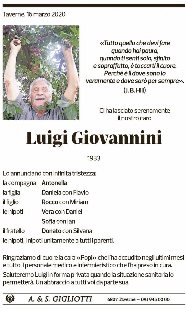 Annuncio funebre Luigi Giovannini