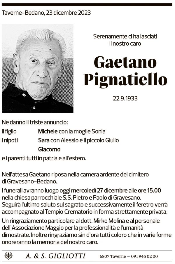 Annuncio funebre Gaetano Pignatiello