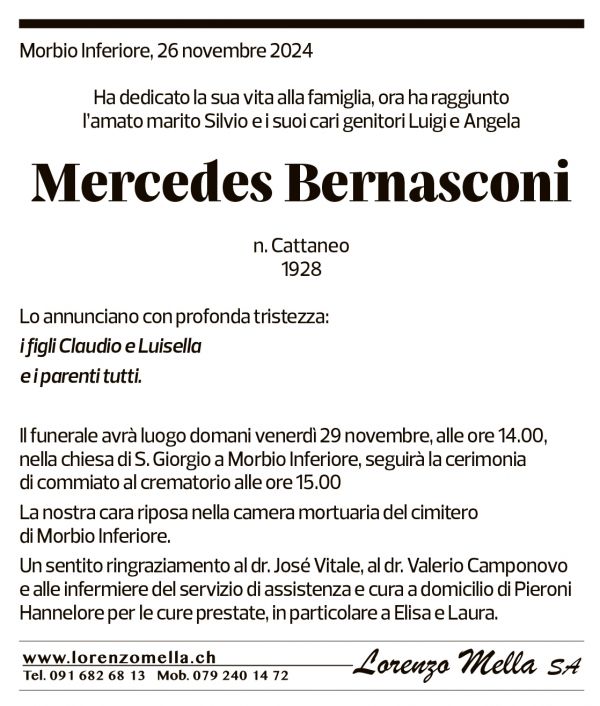 Annuncio funebre Mercedes Bernasconi