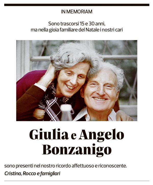 Annuncio funebre Giulia E Angelo Bonzanigo