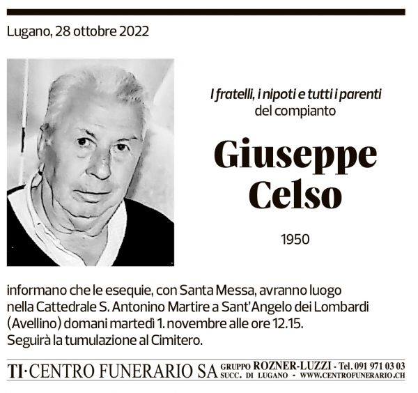 Annuncio funebre Giuseppe Celso