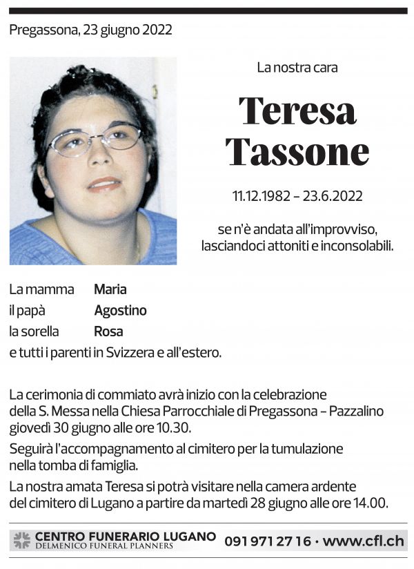 Annuncio funebre Teresa Tassone