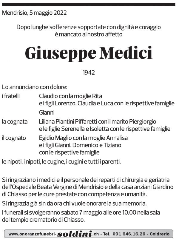 Annuncio funebre Giuseppe Medici