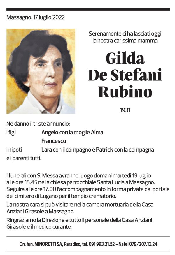 Annuncio funebre Gilda De Stefani Rubino