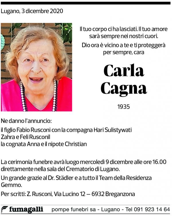Annuncio funebre Carla Cagna