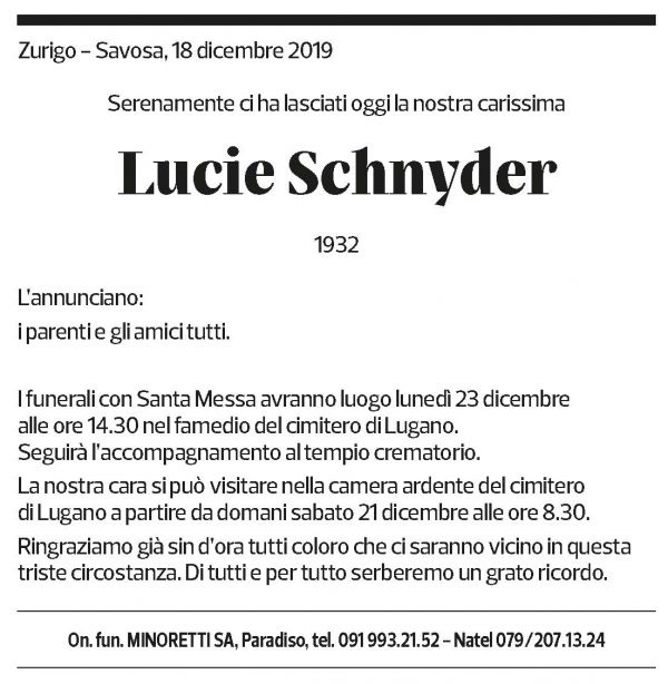 Annuncio funebre Lucie Schnyder