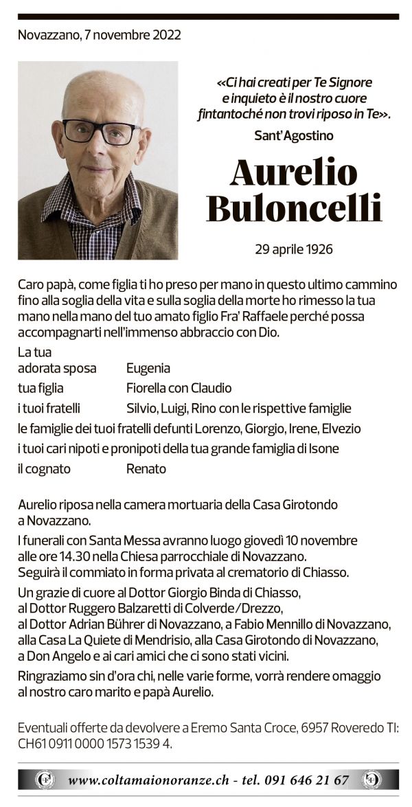 Annuncio funebre Aurelio Buloncelli